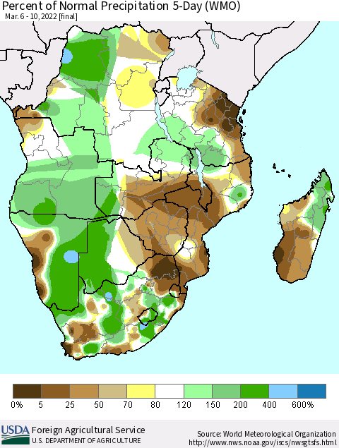 Southern Africa Percent of Normal Precipitation 5-Day (WMO) Thematic Map For 3/6/2022 - 3/10/2022