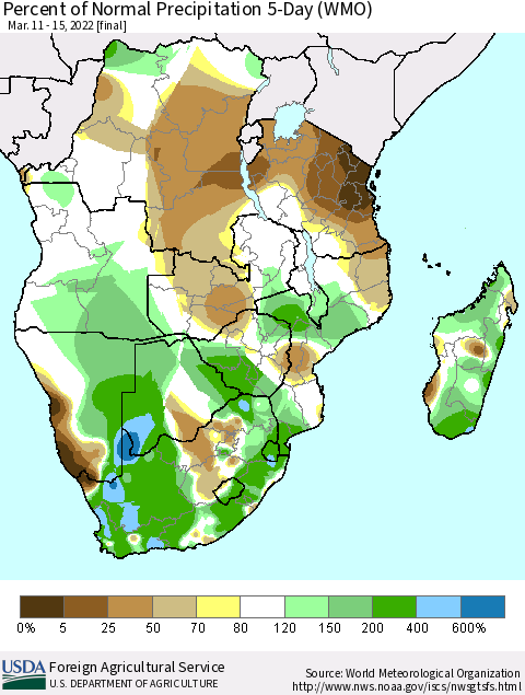 Southern Africa Percent of Normal Precipitation 5-Day (WMO) Thematic Map For 3/11/2022 - 3/15/2022