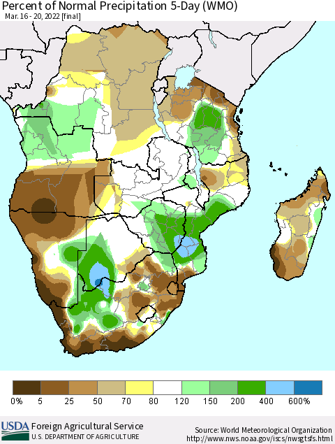 Southern Africa Percent of Normal Precipitation 5-Day (WMO) Thematic Map For 3/16/2022 - 3/20/2022