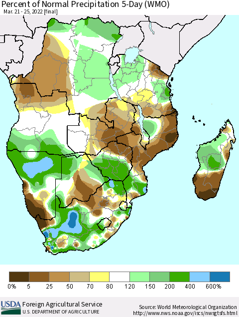 Southern Africa Percent of Normal Precipitation 5-Day (WMO) Thematic Map For 3/21/2022 - 3/25/2022