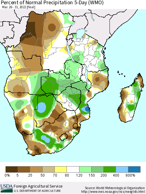 Southern Africa Percent of Normal Precipitation 5-Day (WMO) Thematic Map For 3/26/2022 - 3/31/2022