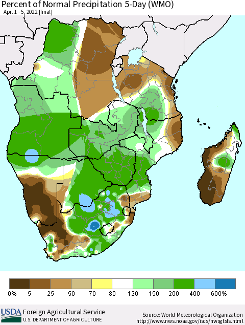 Southern Africa Percent of Normal Precipitation 5-Day (WMO) Thematic Map For 4/1/2022 - 4/5/2022
