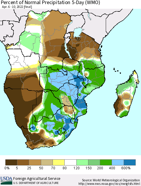 Southern Africa Percent of Normal Precipitation 5-Day (WMO) Thematic Map For 4/6/2022 - 4/10/2022