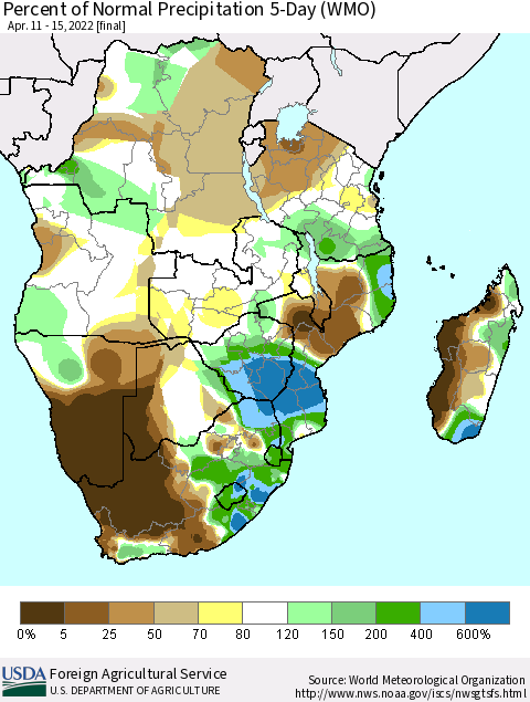 Southern Africa Percent of Normal Precipitation 5-Day (WMO) Thematic Map For 4/11/2022 - 4/15/2022