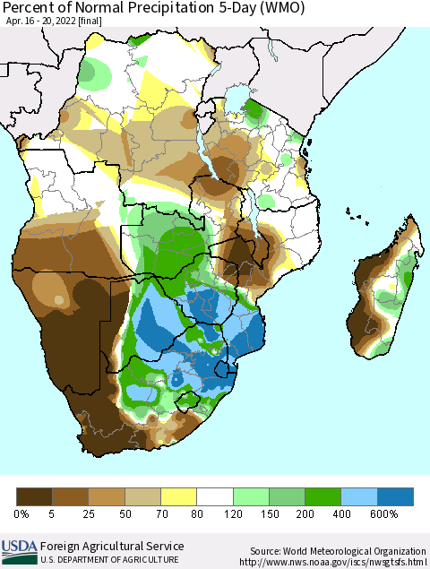 Southern Africa Percent of Normal Precipitation 5-Day (WMO) Thematic Map For 4/16/2022 - 4/20/2022
