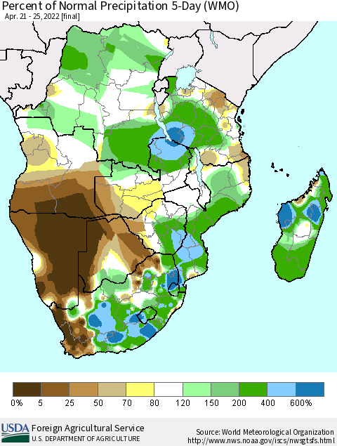 Southern Africa Percent of Normal Precipitation 5-Day (WMO) Thematic Map For 4/21/2022 - 4/25/2022