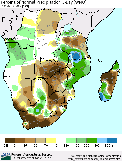 Southern Africa Percent of Normal Precipitation 5-Day (WMO) Thematic Map For 4/26/2022 - 4/30/2022
