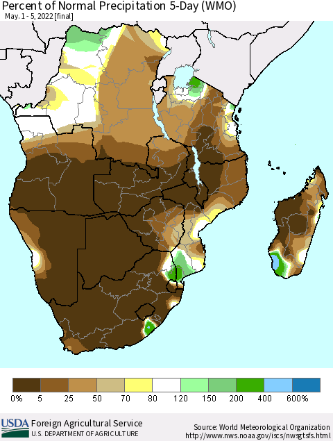 Southern Africa Percent of Normal Precipitation 5-Day (WMO) Thematic Map For 5/1/2022 - 5/5/2022