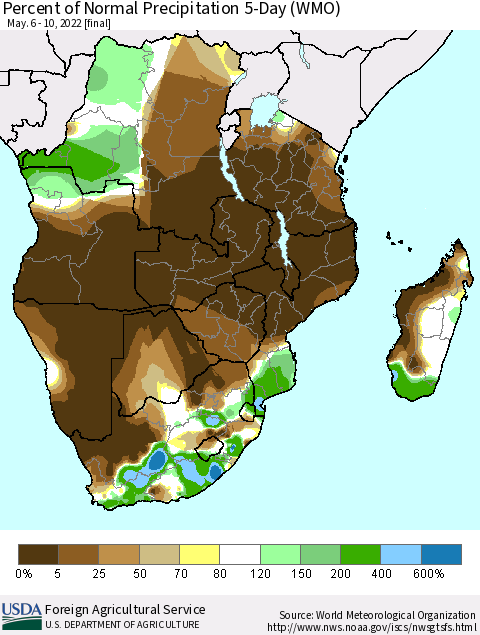 Southern Africa Percent of Normal Precipitation 5-Day (WMO) Thematic Map For 5/6/2022 - 5/10/2022