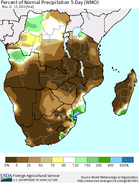 Southern Africa Percent of Normal Precipitation 5-Day (WMO) Thematic Map For 5/11/2022 - 5/15/2022