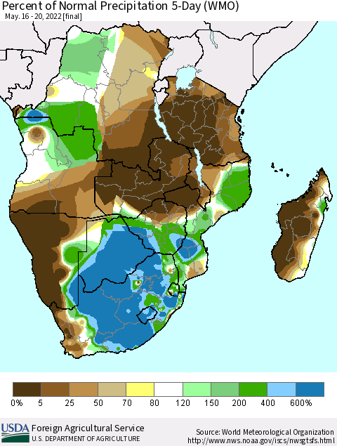 Southern Africa Percent of Normal Precipitation 5-Day (WMO) Thematic Map For 5/16/2022 - 5/20/2022