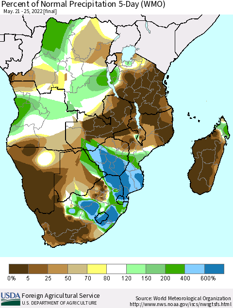 Southern Africa Percent of Normal Precipitation 5-Day (WMO) Thematic Map For 5/21/2022 - 5/25/2022
