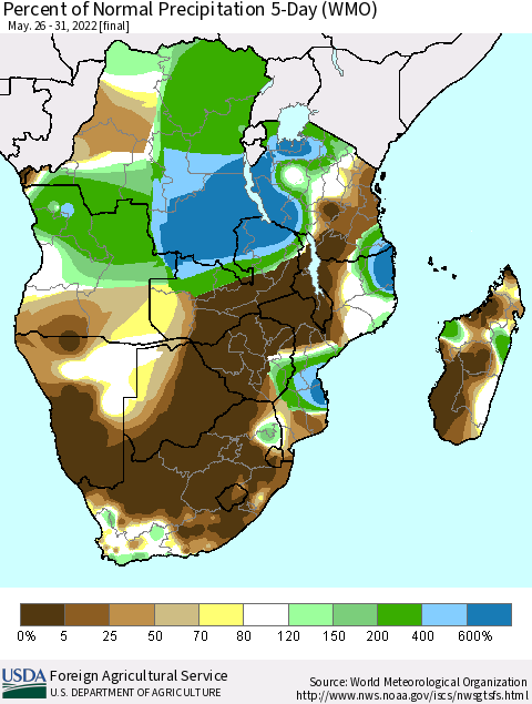Southern Africa Percent of Normal Precipitation 5-Day (WMO) Thematic Map For 5/26/2022 - 5/31/2022