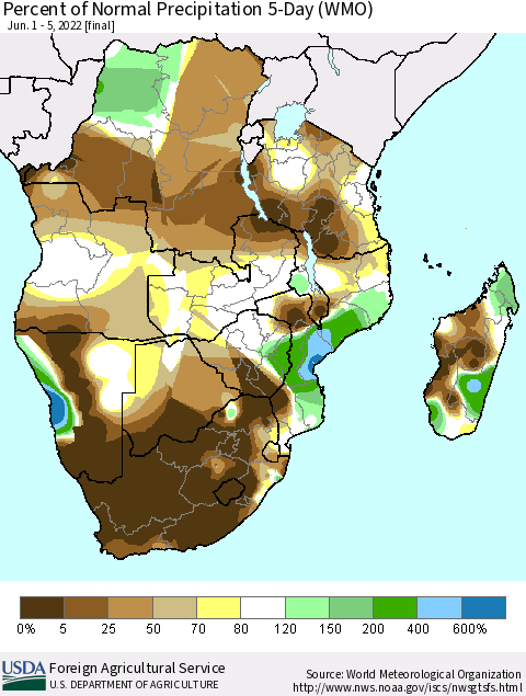 Southern Africa Percent of Normal Precipitation 5-Day (WMO) Thematic Map For 6/1/2022 - 6/5/2022