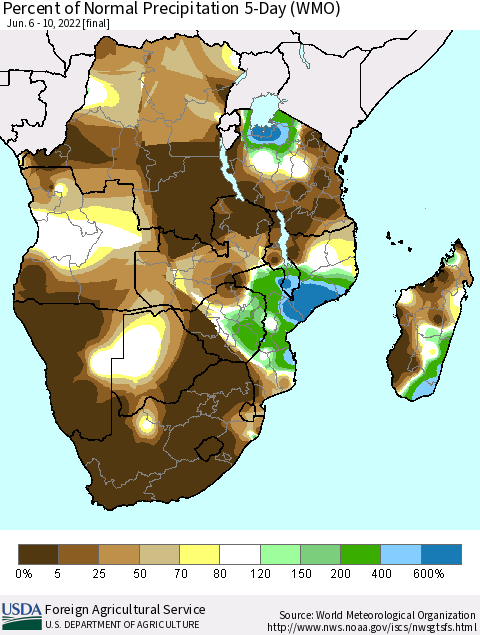 Southern Africa Percent of Normal Precipitation 5-Day (WMO) Thematic Map For 6/6/2022 - 6/10/2022