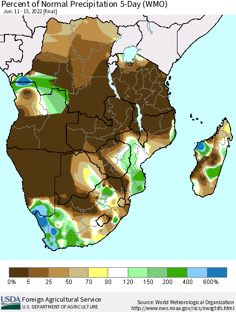 Southern Africa Percent of Normal Precipitation 5-Day (WMO) Thematic Map For 6/11/2022 - 6/15/2022