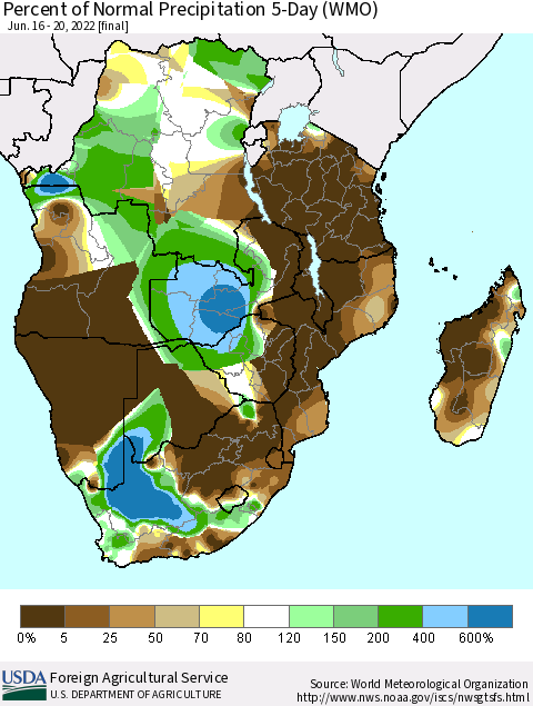Southern Africa Percent of Normal Precipitation 5-Day (WMO) Thematic Map For 6/16/2022 - 6/20/2022