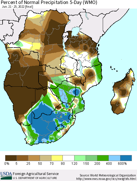 Southern Africa Percent of Normal Precipitation 5-Day (WMO) Thematic Map For 6/21/2022 - 6/25/2022