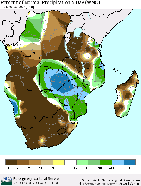 Southern Africa Percent of Normal Precipitation 5-Day (WMO) Thematic Map For 6/26/2022 - 6/30/2022