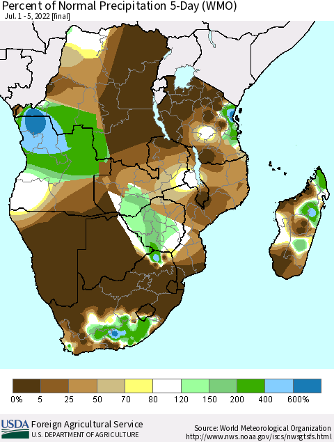 Southern Africa Percent of Normal Precipitation 5-Day (WMO) Thematic Map For 7/1/2022 - 7/5/2022