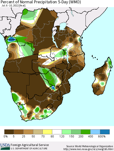 Southern Africa Percent of Normal Precipitation 5-Day (WMO) Thematic Map For 7/6/2022 - 7/10/2022