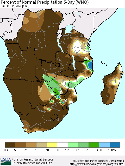 Southern Africa Percent of Normal Precipitation 5-Day (WMO) Thematic Map For 7/11/2022 - 7/15/2022
