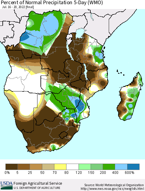 Southern Africa Percent of Normal Precipitation 5-Day (WMO) Thematic Map For 7/16/2022 - 7/20/2022