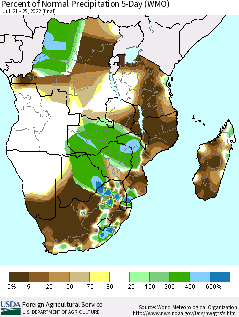 Southern Africa Percent of Normal Precipitation 5-Day (WMO) Thematic Map For 7/21/2022 - 7/25/2022