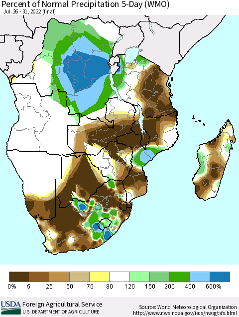 Southern Africa Percent of Normal Precipitation 5-Day (WMO) Thematic Map For 7/26/2022 - 7/31/2022