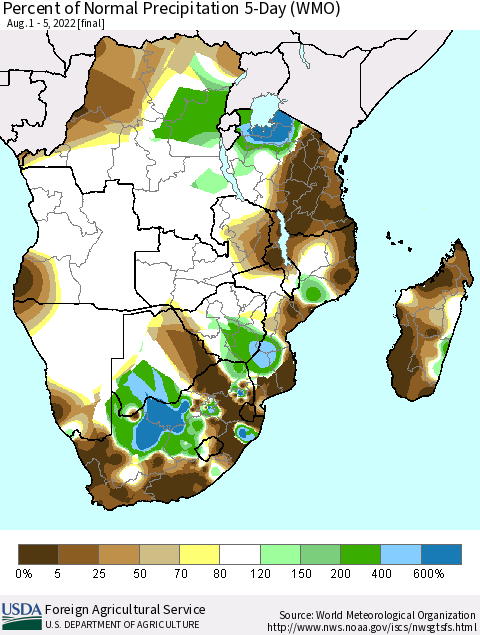 Southern Africa Percent of Normal Precipitation 5-Day (WMO) Thematic Map For 8/1/2022 - 8/5/2022