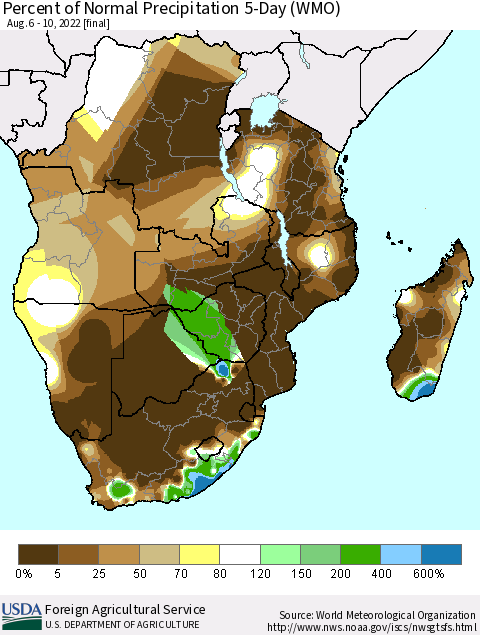 Southern Africa Percent of Normal Precipitation 5-Day (WMO) Thematic Map For 8/6/2022 - 8/10/2022