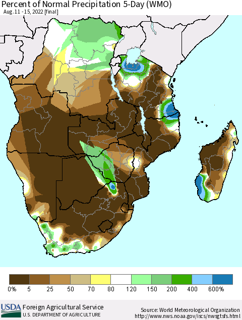 Southern Africa Percent of Normal Precipitation 5-Day (WMO) Thematic Map For 8/11/2022 - 8/15/2022