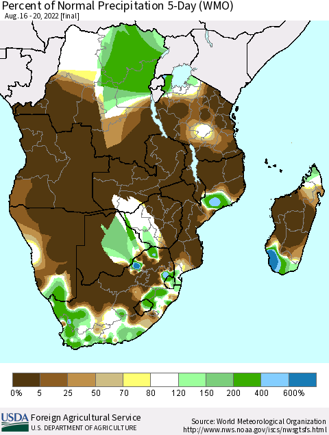 Southern Africa Percent of Normal Precipitation 5-Day (WMO) Thematic Map For 8/16/2022 - 8/20/2022