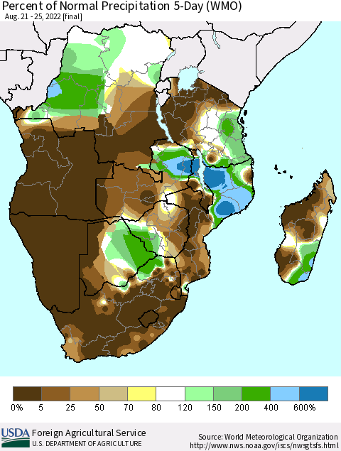 Southern Africa Percent of Normal Precipitation 5-Day (WMO) Thematic Map For 8/21/2022 - 8/25/2022