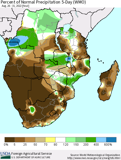 Southern Africa Percent of Normal Precipitation 5-Day (WMO) Thematic Map For 8/26/2022 - 8/31/2022