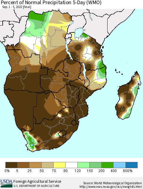 Southern Africa Percent of Normal Precipitation 5-Day (WMO) Thematic Map For 9/1/2022 - 9/5/2022