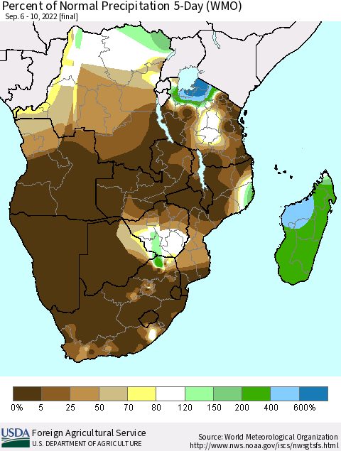 Southern Africa Percent of Normal Precipitation 5-Day (WMO) Thematic Map For 9/6/2022 - 9/10/2022