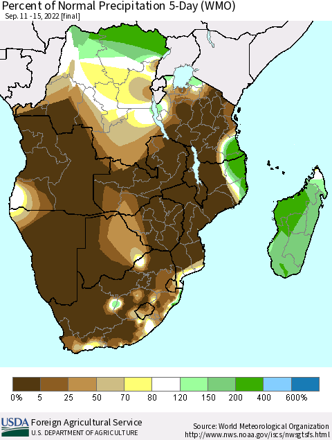 Southern Africa Percent of Normal Precipitation 5-Day (WMO) Thematic Map For 9/11/2022 - 9/15/2022