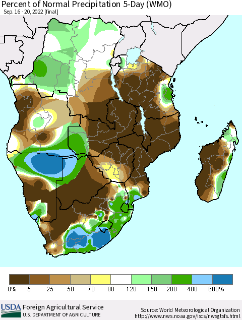 Southern Africa Percent of Normal Precipitation 5-Day (WMO) Thematic Map For 9/16/2022 - 9/20/2022