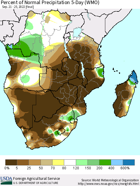 Southern Africa Percent of Normal Precipitation 5-Day (WMO) Thematic Map For 9/21/2022 - 9/25/2022