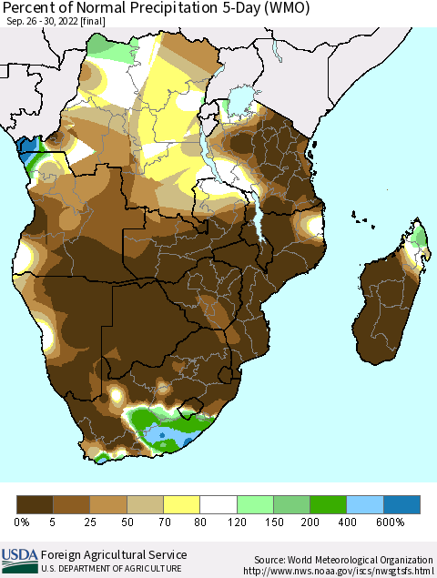 Southern Africa Percent of Normal Precipitation 5-Day (WMO) Thematic Map For 9/26/2022 - 9/30/2022