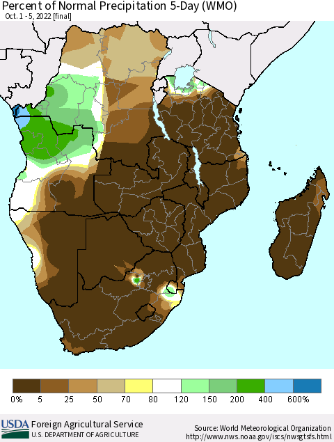 Southern Africa Percent of Normal Precipitation 5-Day (WMO) Thematic Map For 10/1/2022 - 10/5/2022
