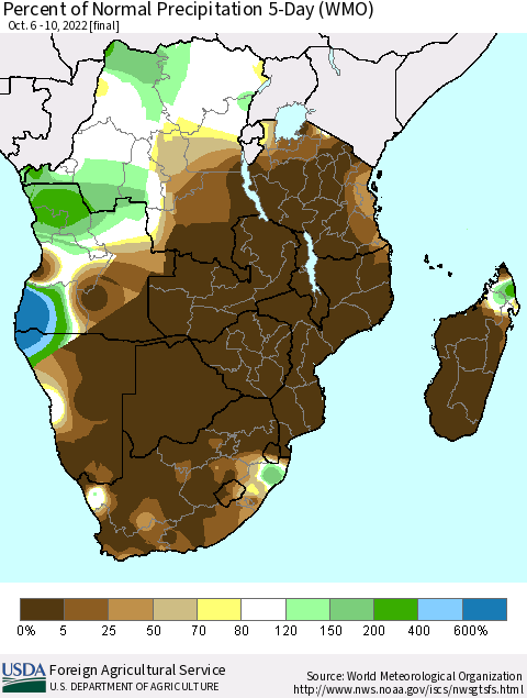 Southern Africa Percent of Normal Precipitation 5-Day (WMO) Thematic Map For 10/6/2022 - 10/10/2022