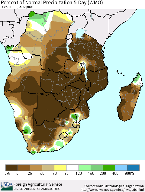 Southern Africa Percent of Normal Precipitation 5-Day (WMO) Thematic Map For 10/11/2022 - 10/15/2022