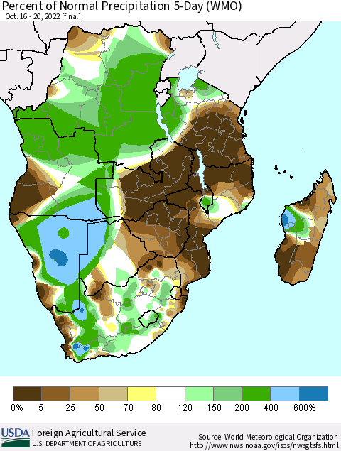 Southern Africa Percent of Normal Precipitation 5-Day (WMO) Thematic Map For 10/16/2022 - 10/20/2022