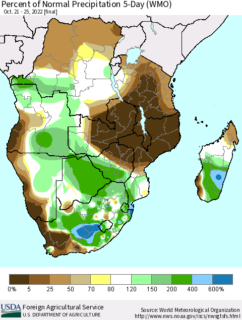 Southern Africa Percent of Normal Precipitation 5-Day (WMO) Thematic Map For 10/21/2022 - 10/25/2022