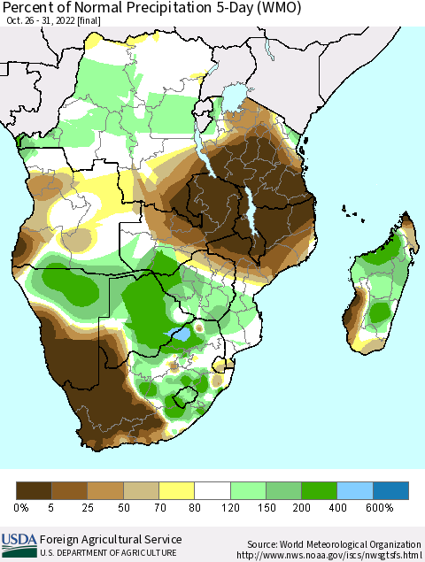 Southern Africa Percent of Normal Precipitation 5-Day (WMO) Thematic Map For 10/26/2022 - 10/31/2022