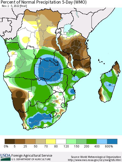 Southern Africa Percent of Normal Precipitation 5-Day (WMO) Thematic Map For 11/1/2022 - 11/5/2022