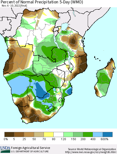 Southern Africa Percent of Normal Precipitation 5-Day (WMO) Thematic Map For 11/6/2022 - 11/10/2022