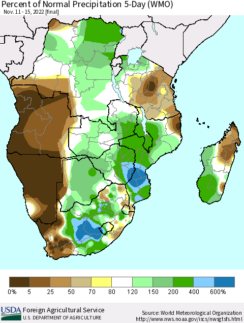 Southern Africa Percent of Normal Precipitation 5-Day (WMO) Thematic Map For 11/11/2022 - 11/15/2022
